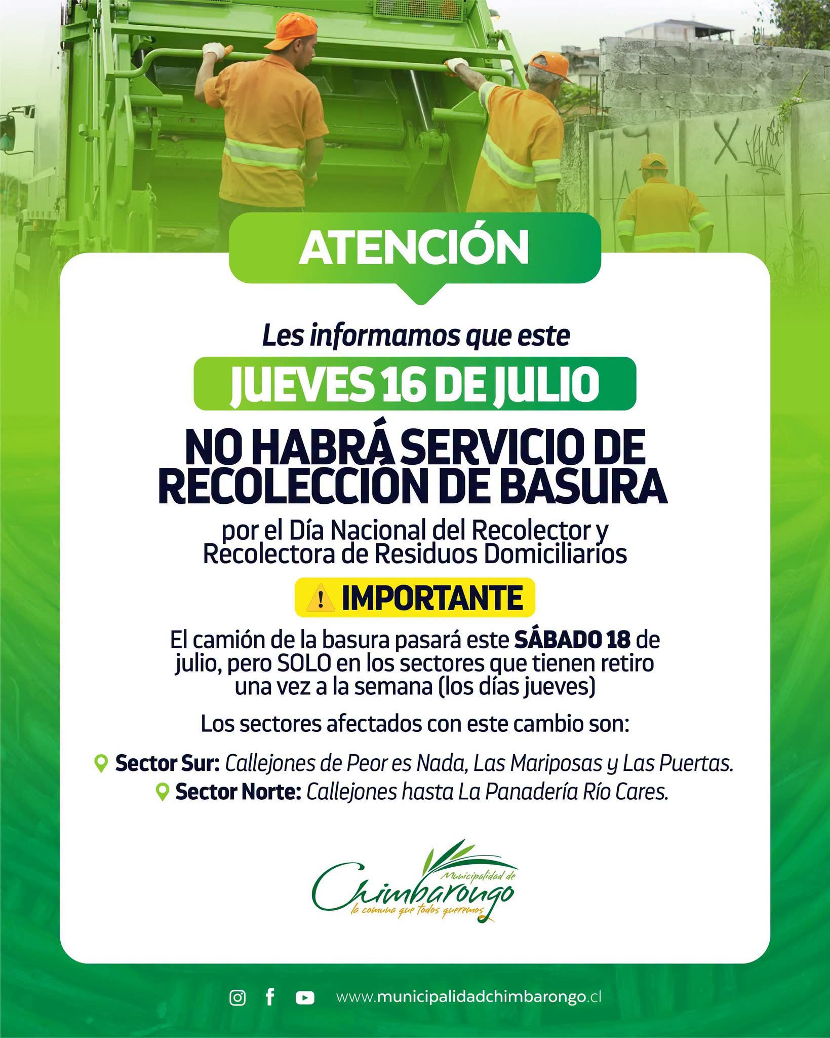 Municipio de Chimbarongo suspende recolección de basura este jueves por Día del Recolector