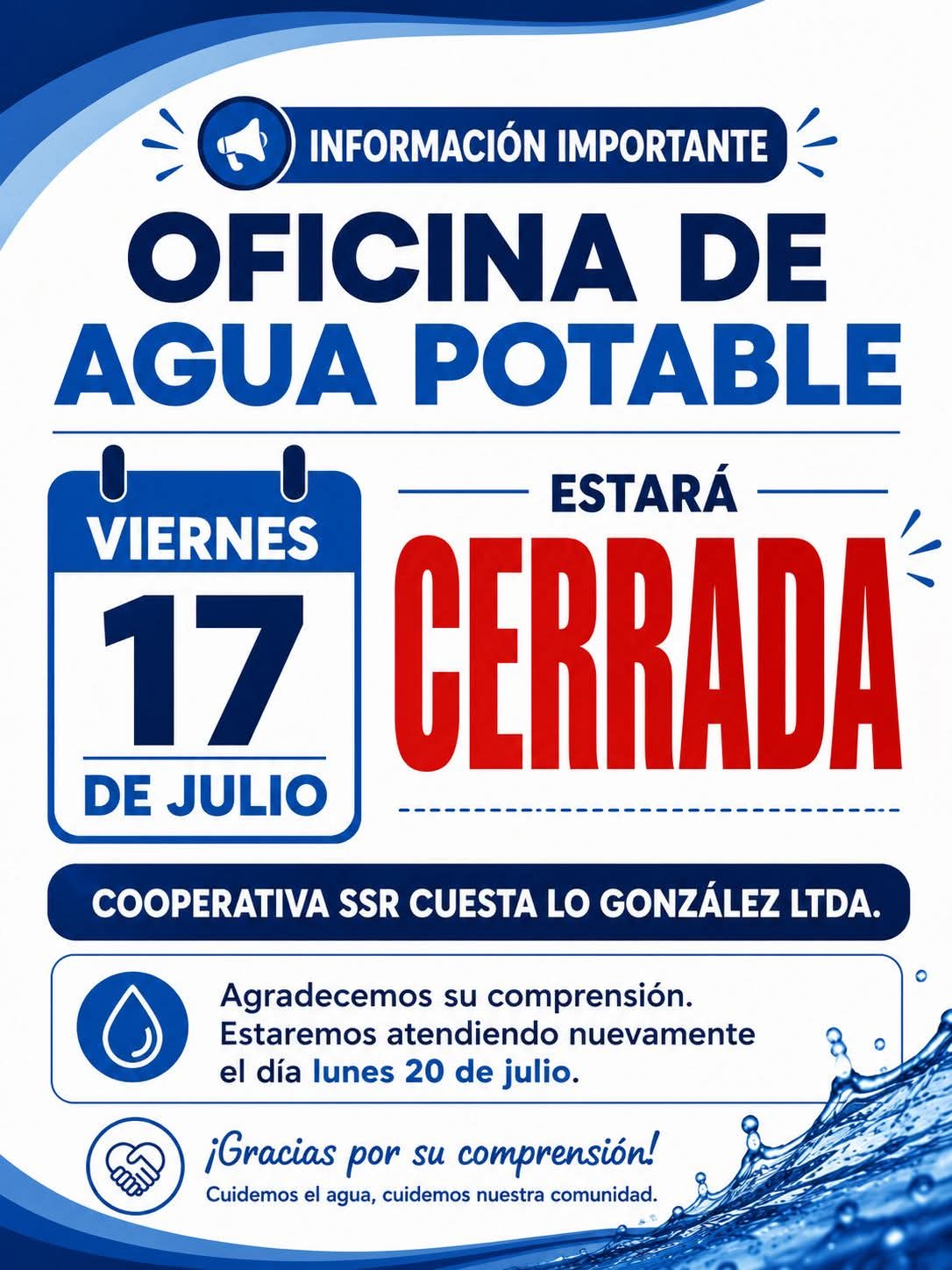 Oficina de agua potable de Cuesta Lo González cierra desde este viernes hasta el lunes