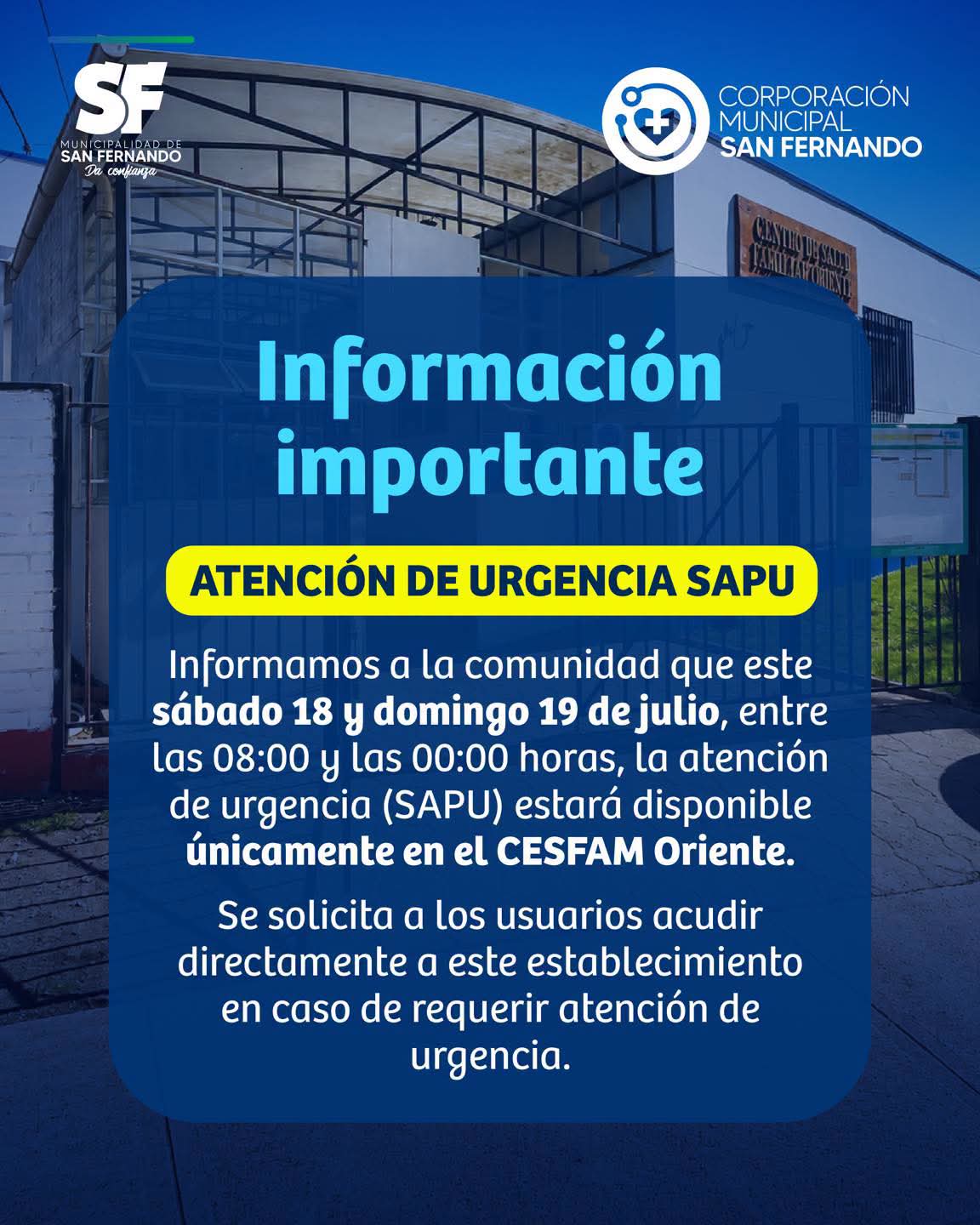 SAPU de San Fernando funcionará solo en CESFAM Oriente durante este fin de semana