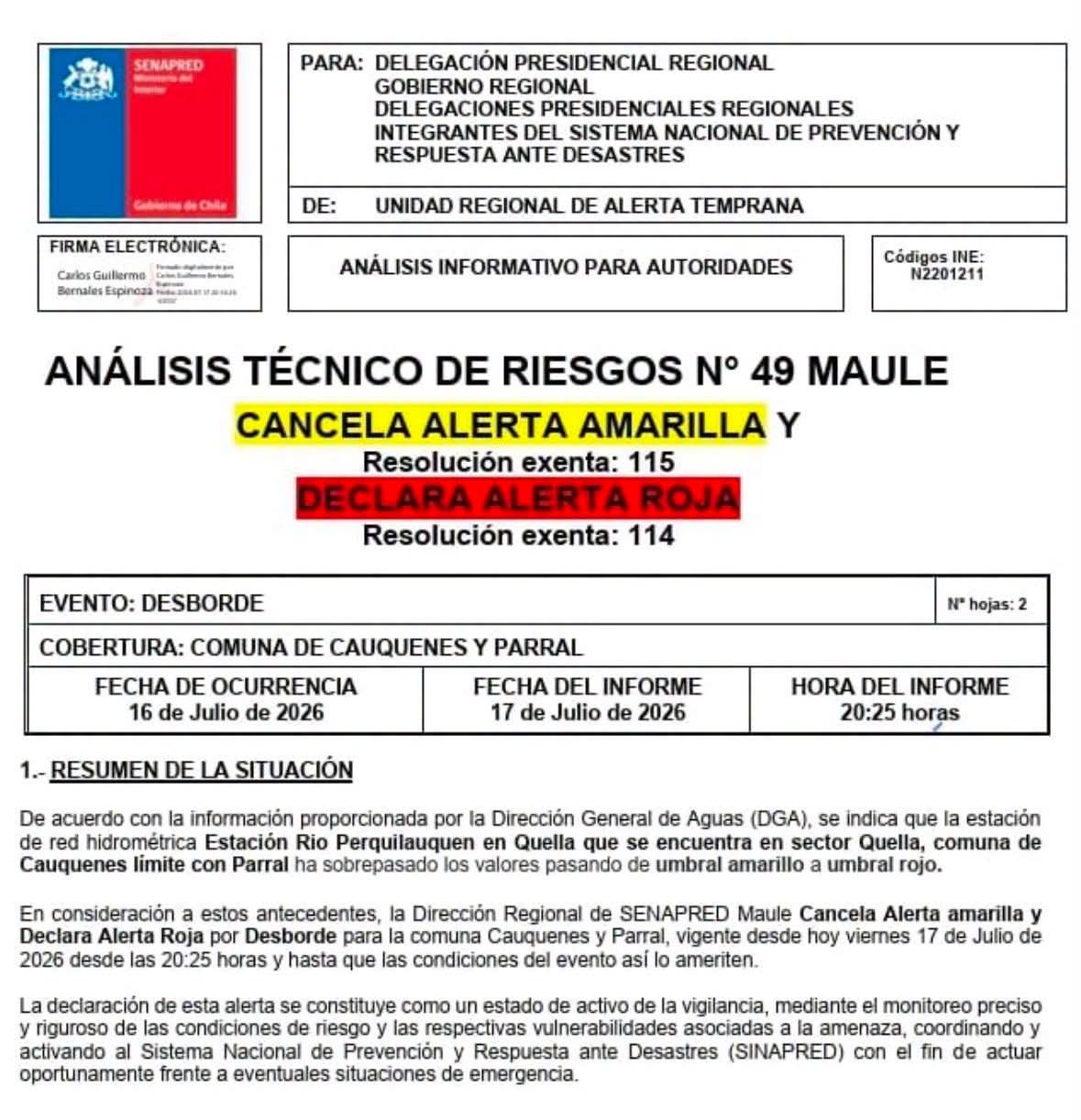 SENAPRED declara Alerta Roja para Cauquenes y Parral