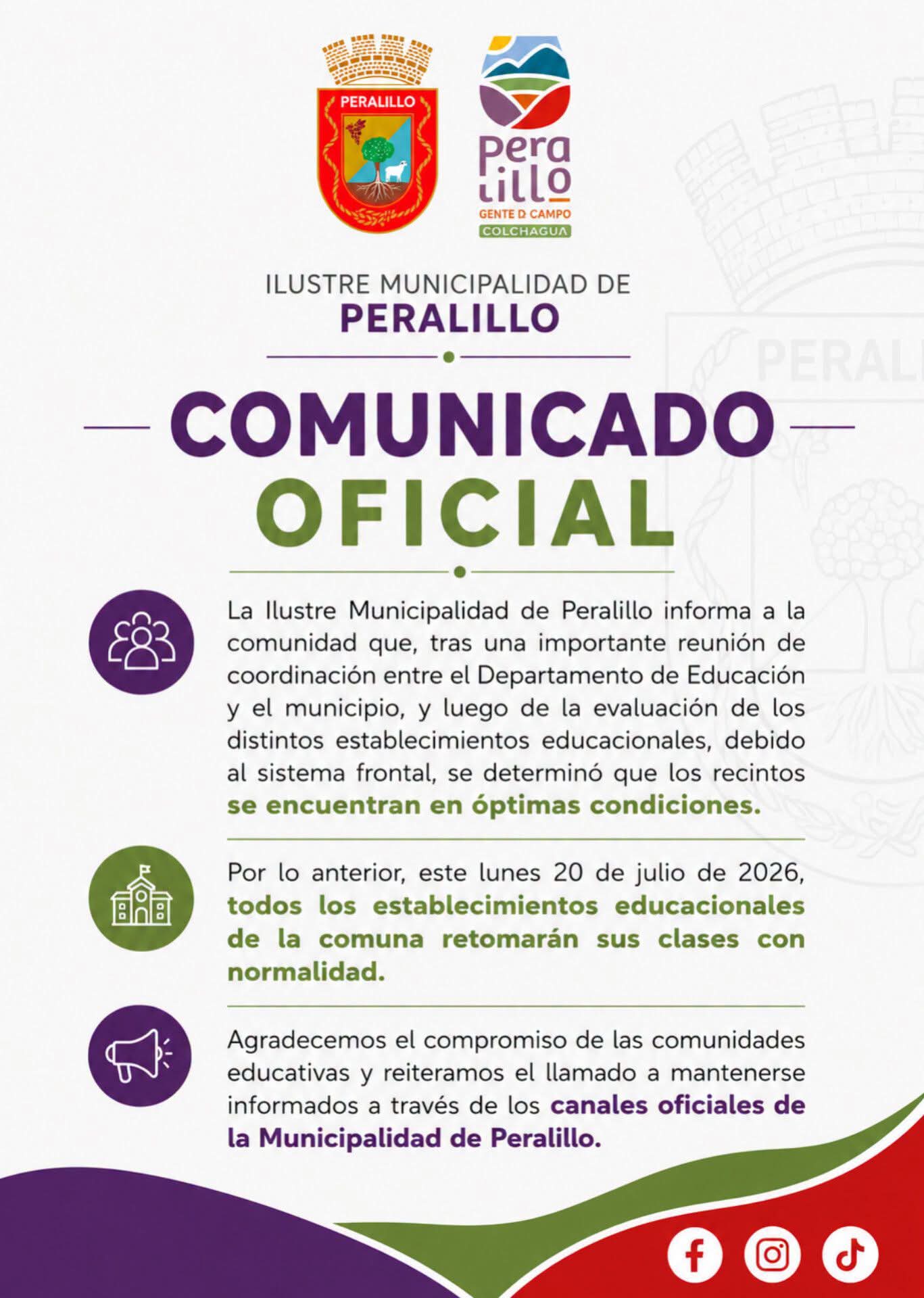 Municipio de Peralillo confirma normalidad en retorno a clases tras sistema frontal