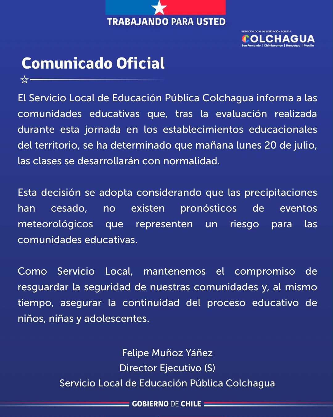 SLEP Colchagua confirma clases normales para este lunes 20 de julio pese al mal tiempo