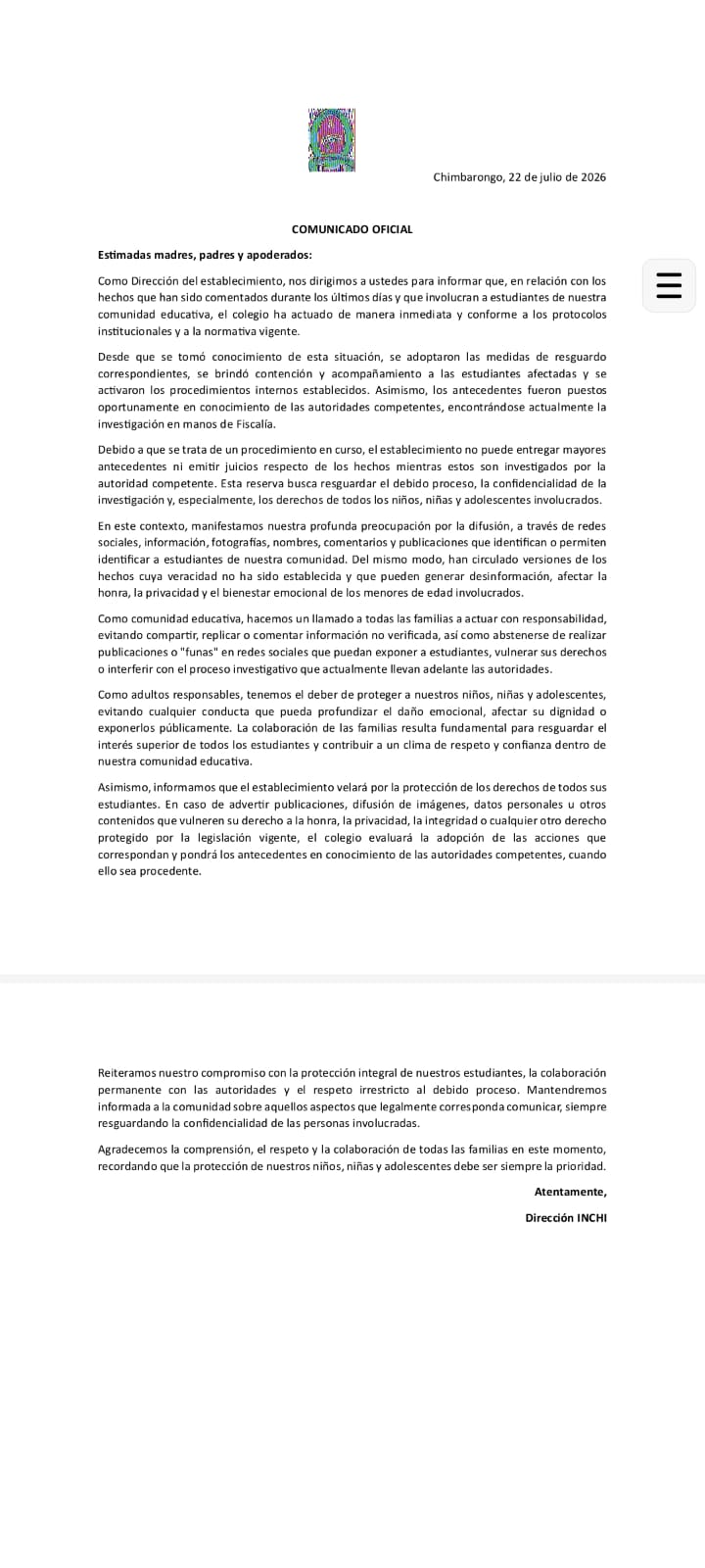 Colegio INCHI de Chimbarongo confirma investigación por hechos que involucran a estudiantes